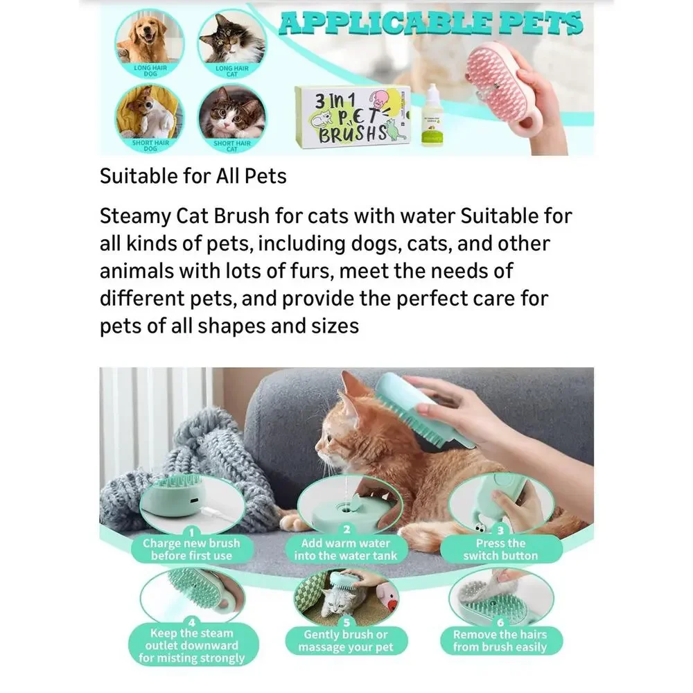 Cat & Dog Steam Brush 3-in-1 Pet Hair Remover, Cleaner & Massager for All Pets